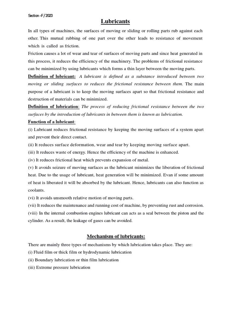 NITA Chemistry Department Lubricants Notes PDF Lubricant Friction