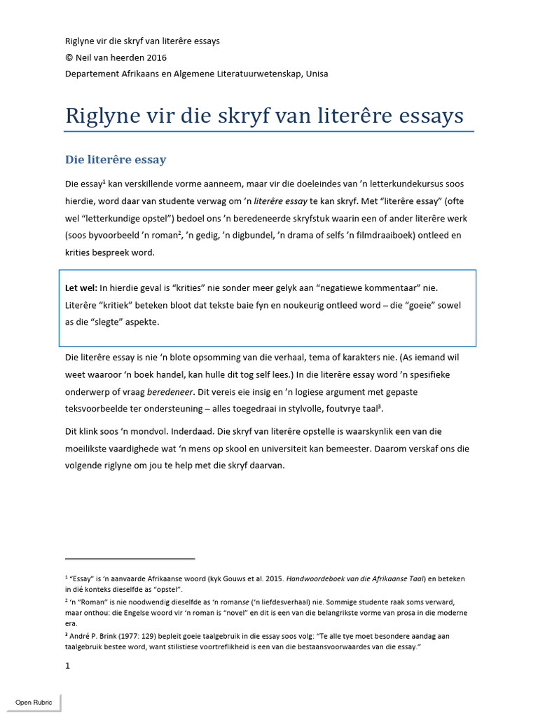 Riglyne Vir Die Skryf Van Literêre Essays - N Van Heerden | PDF