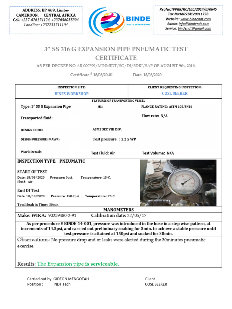Hose Pipe Pressure Test Certification PDF Pressure Gas Technologies