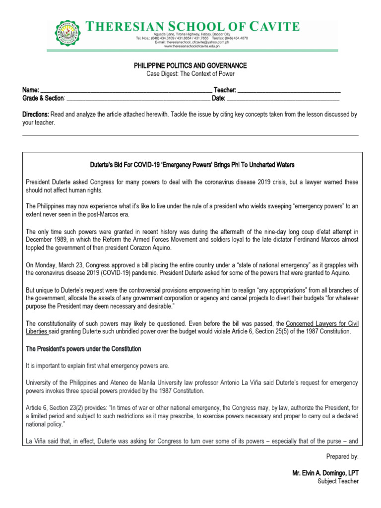 Duterte's Emergency Powers Proposal Explained | PDF | State Of ...