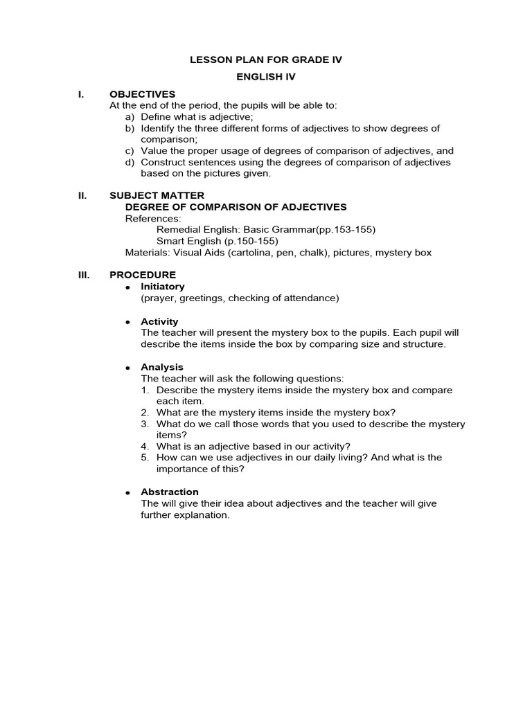 Lesson Plan For English 10 | PDF | Adjective | English Language
