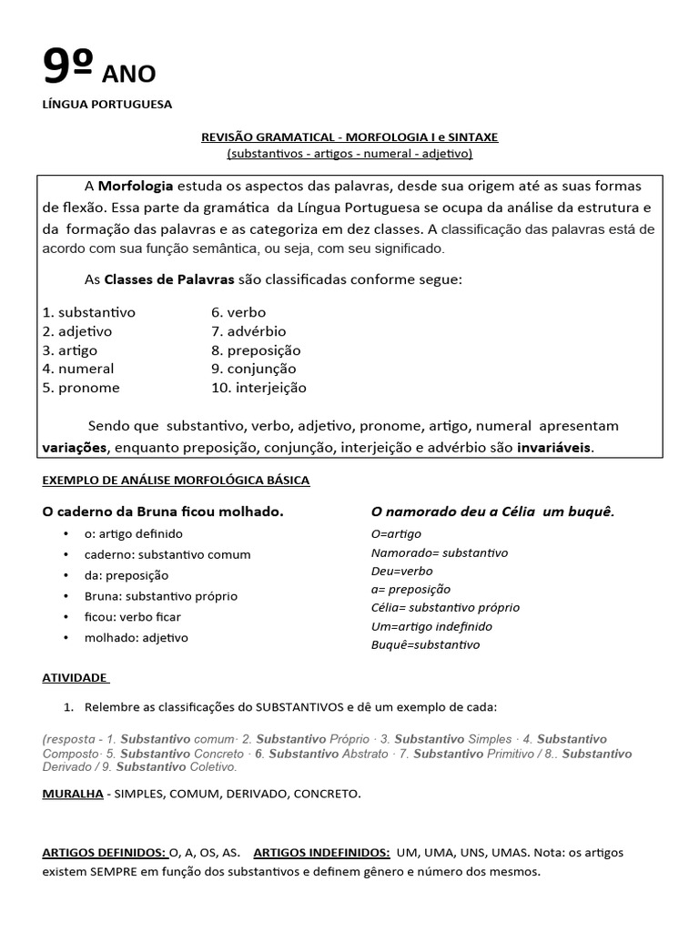 Revisão de Morfologia e Sintaxe 9º Ano | PDF | Substantivo | Pronome