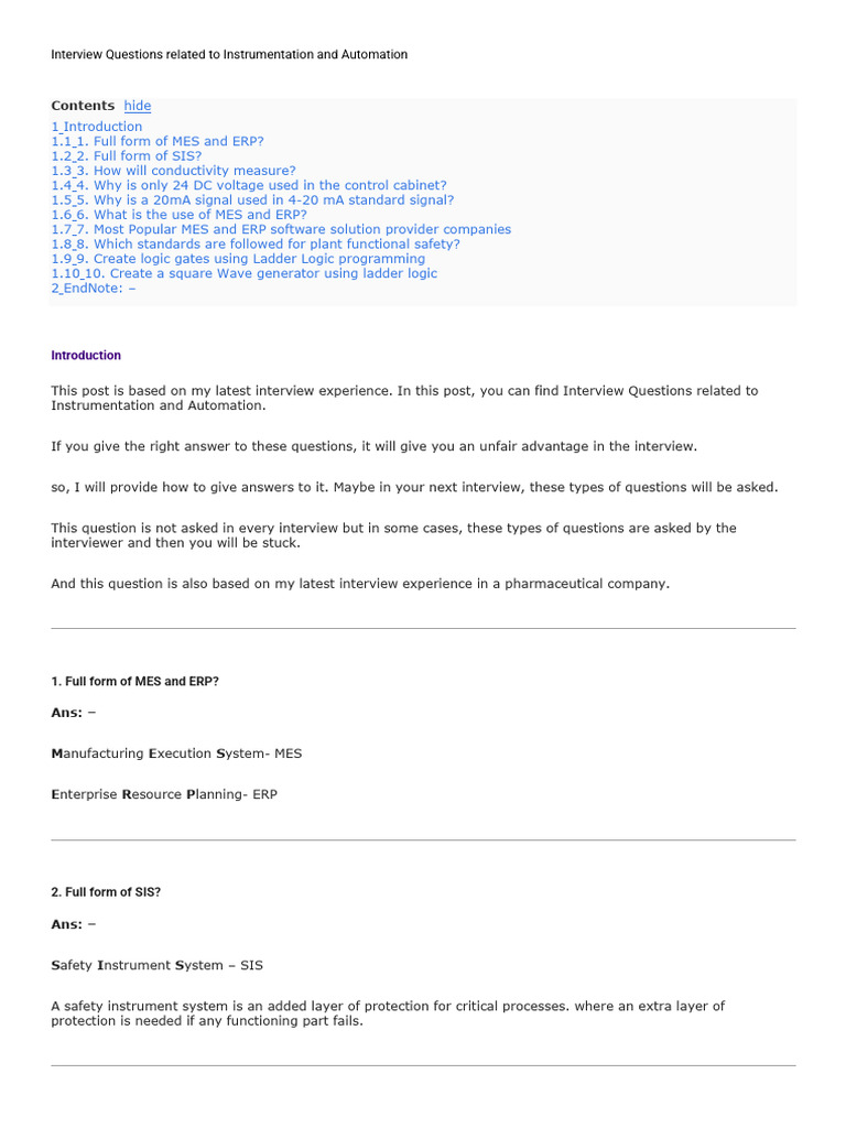 Interview Questions Instrumentation Automation Pdf Enterprise