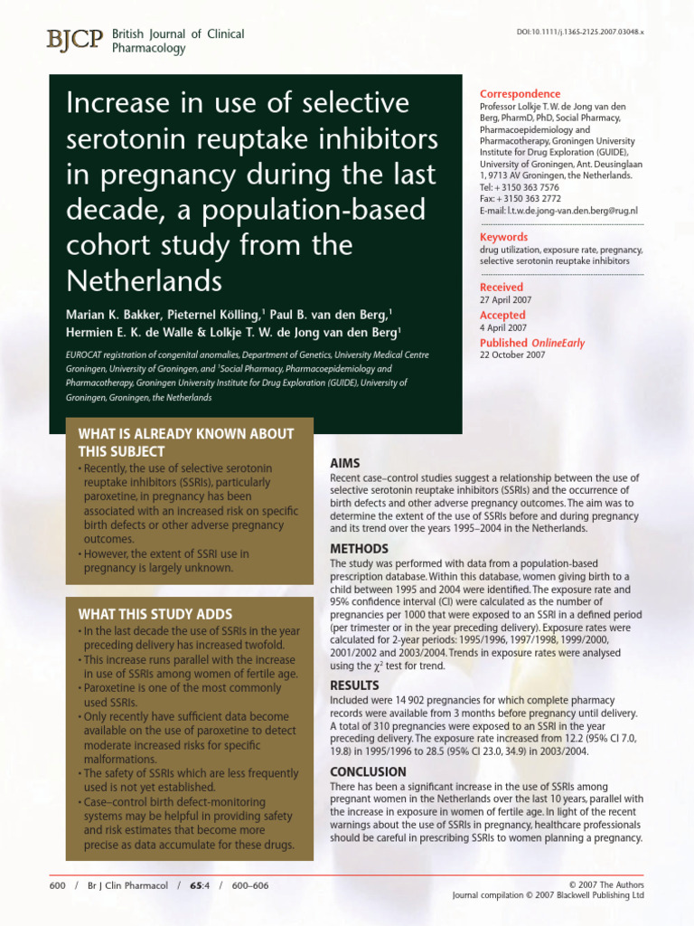 2007 - SSRI in Pregnancy in Netherlands | PDF | Selective Serotonin ...