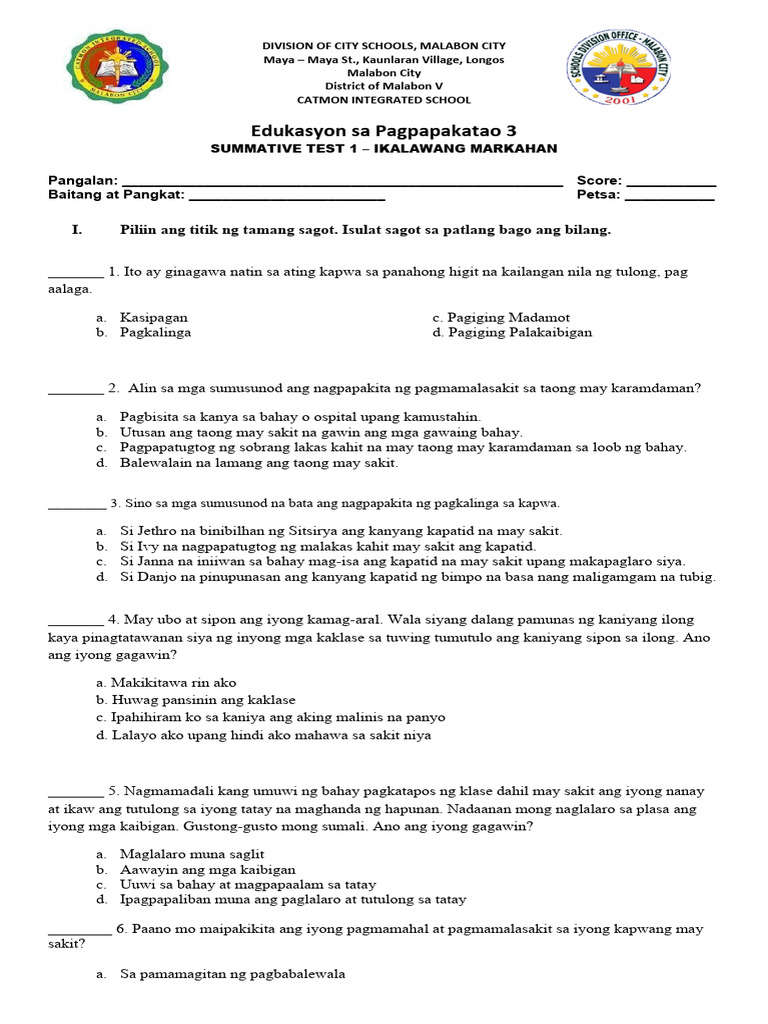 SUMMATIVE TEST 1 in ESP 2ND QUARTER | PDF