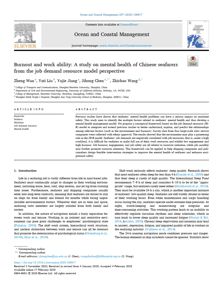 Mental Health of Chinese Seafarers | PDF | Occupational Burnout ...