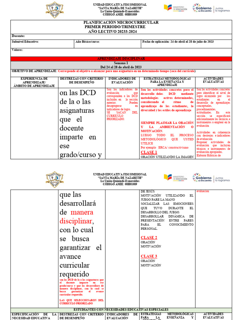 Planificación Microcurricular 2023-2024 | PDF | Plan de estudios ...
