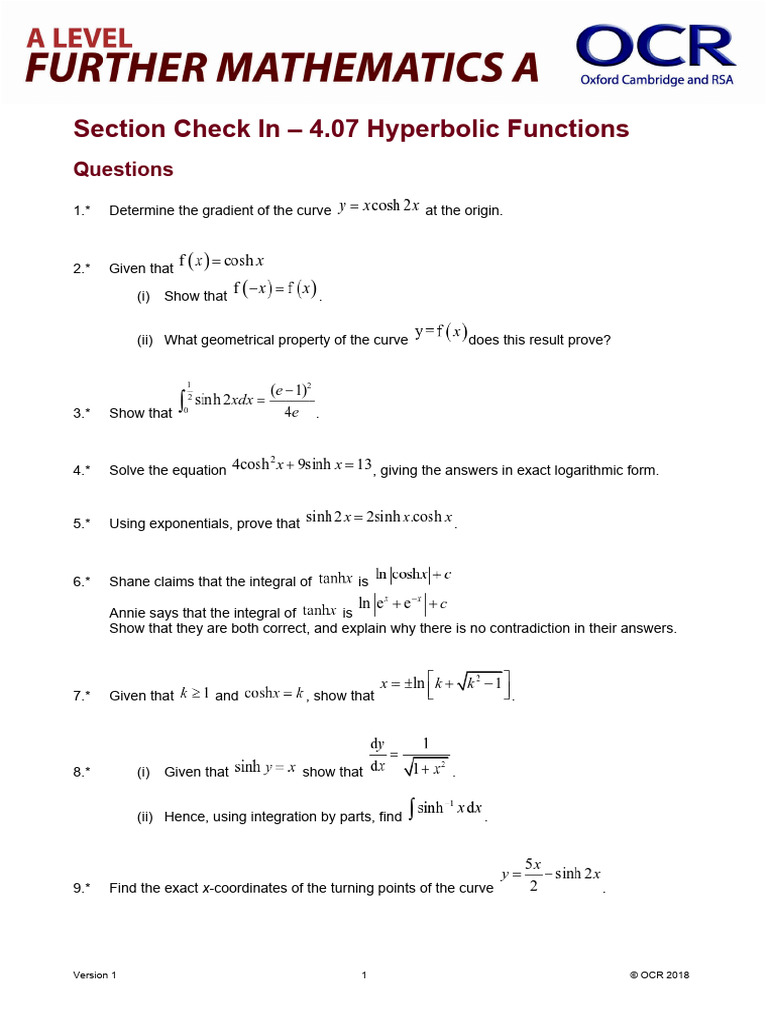 Hyperbolic Functions Check-In | PDF | Exponential Function | Integral