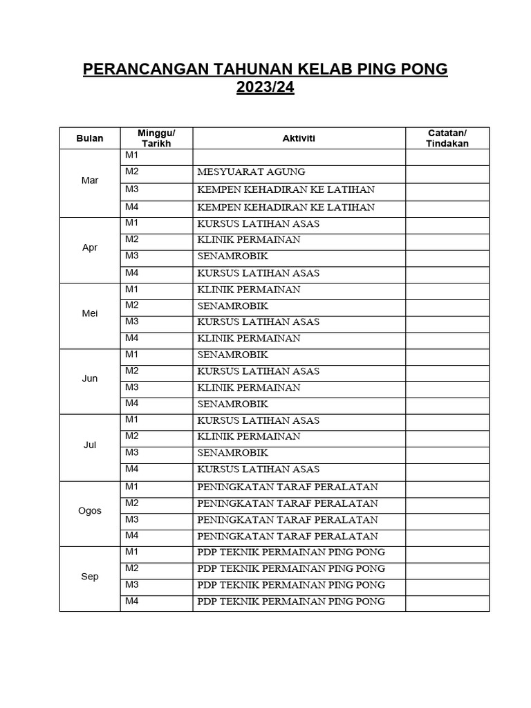 Takwim Kelab Ping Pong 2020 | PDF