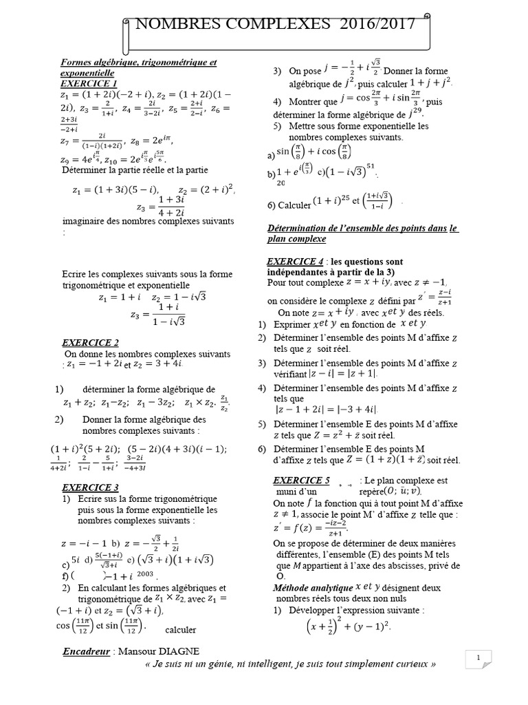 Nombres Complexes : Exercices et Résolutions | PDF | Nombre complexe ...