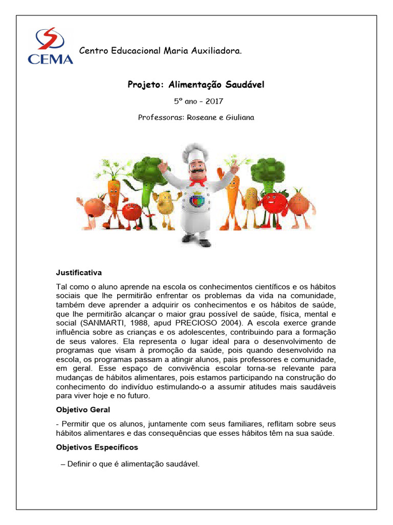Projeto Alimentação Saudável 5º Ano | PDF | Alimentos | Aprendizado