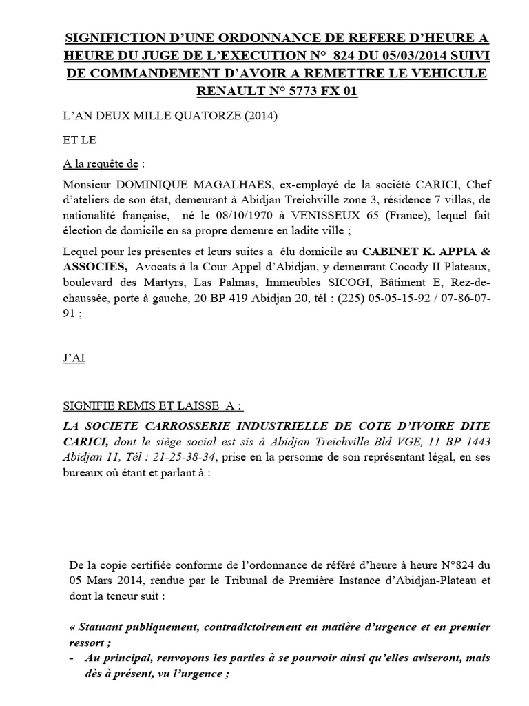 Signification Ordonnance Référé Abidjan | PDF
