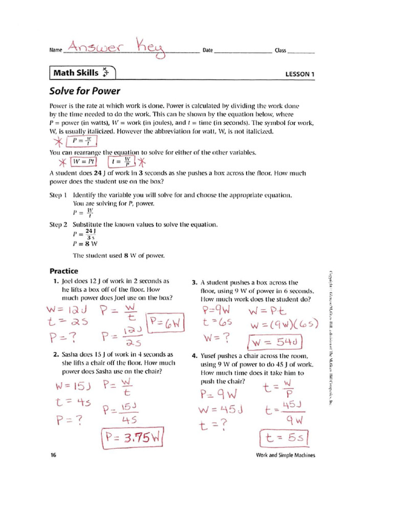 Solving For Power Worksheets Answer Key | PDF