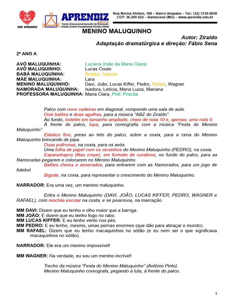 Texto 2º ano A - Menino Maluquinho - 30.07.17 COMPLETO | PDF