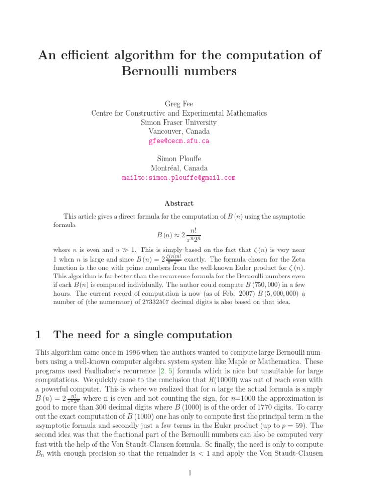 An Efficient Algorithm For The Computation of The Bernoulli Numbers ...