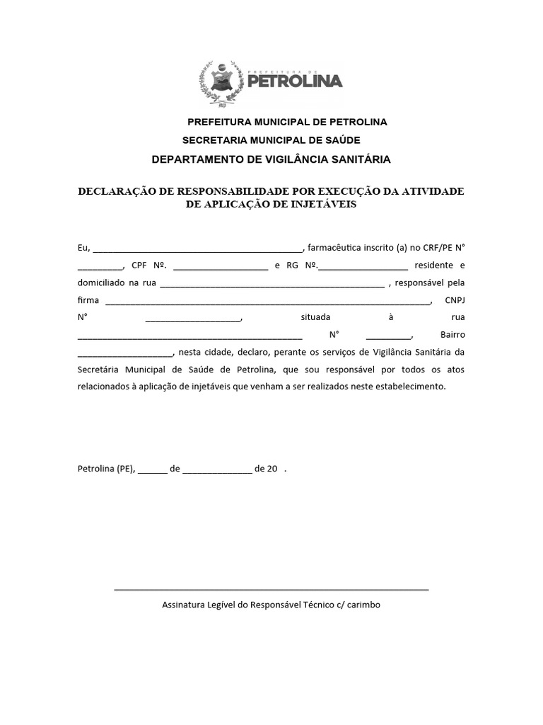Declaração de Responsabilidade Injetáveis | PDF