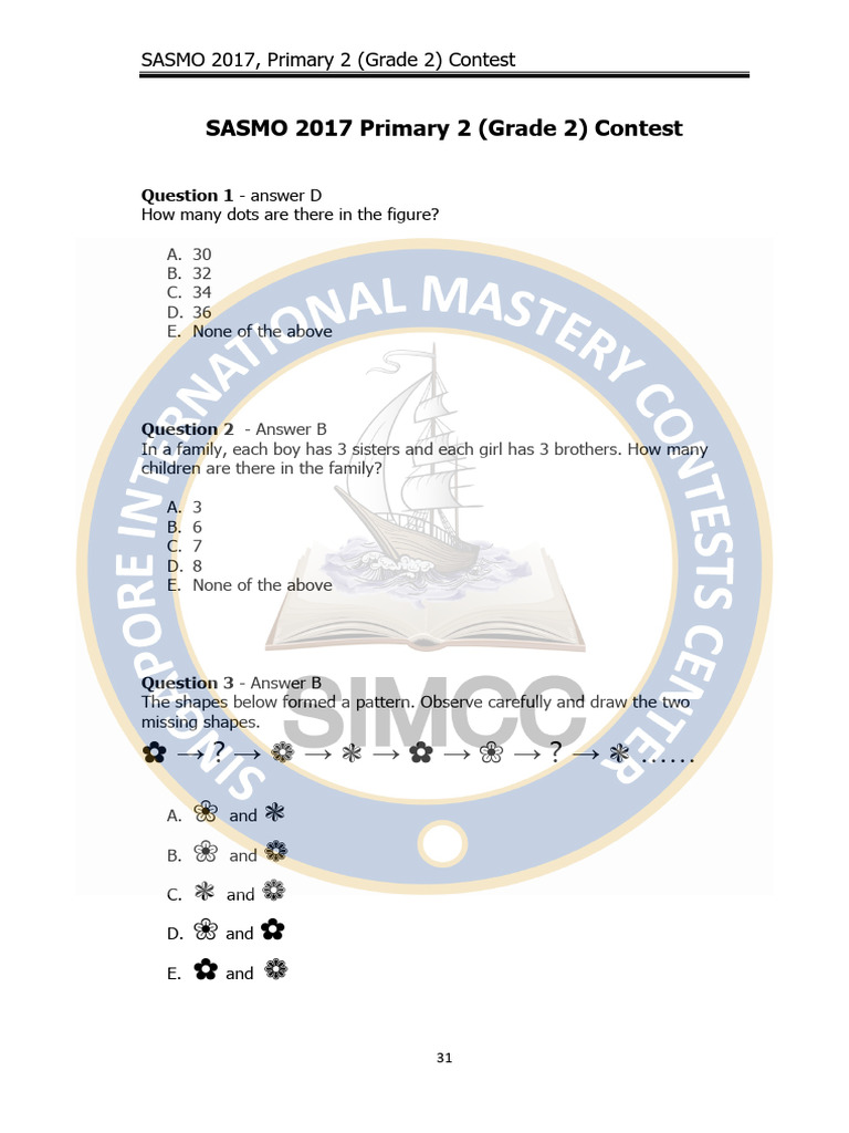 SASMO 2017 Grade 2 Contest Questions | PDF