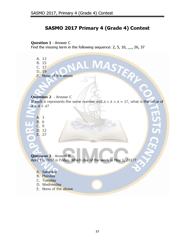 SASMO 2017 Grade 4 Contest Questions | PDF
