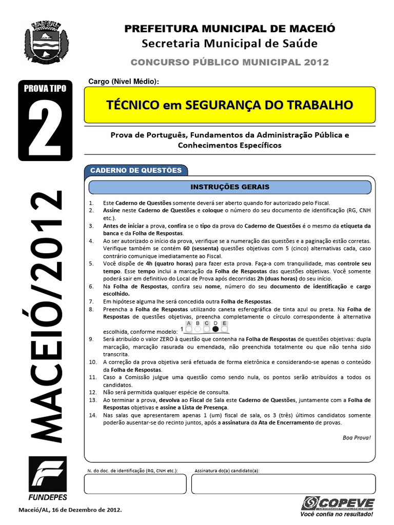 Prova - Tec. Seg. Trabalho - Tipo 2 | PDF | Serviços públicos ...