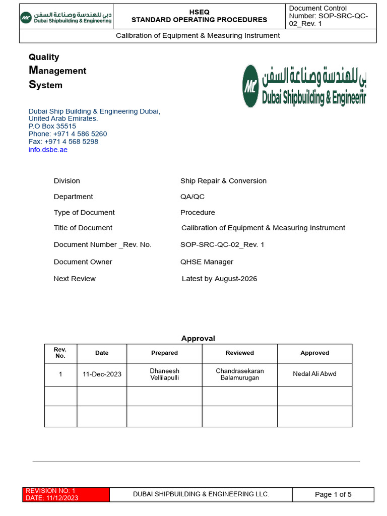 Calibration Procedure for Equipment | PDF | Calibration | Quality Assurance