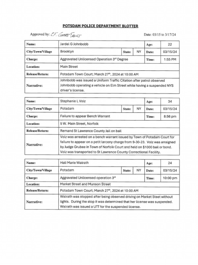 Potsdam Village Police Department Blotter March 17, 2024 PDF