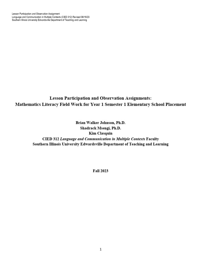 Math Literacy Observation Assignment | PDF | Vocabulary | Teachers