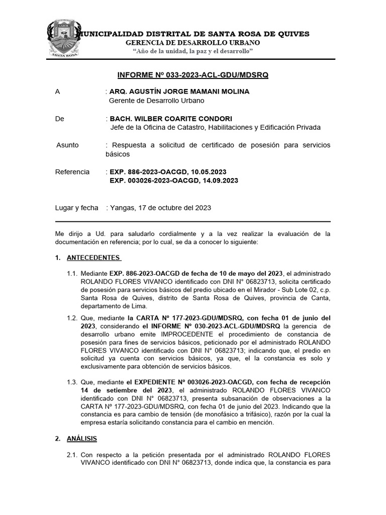 INFORME #033-OK - Constancia - Posesion - Rolando - Flores | PDF ...