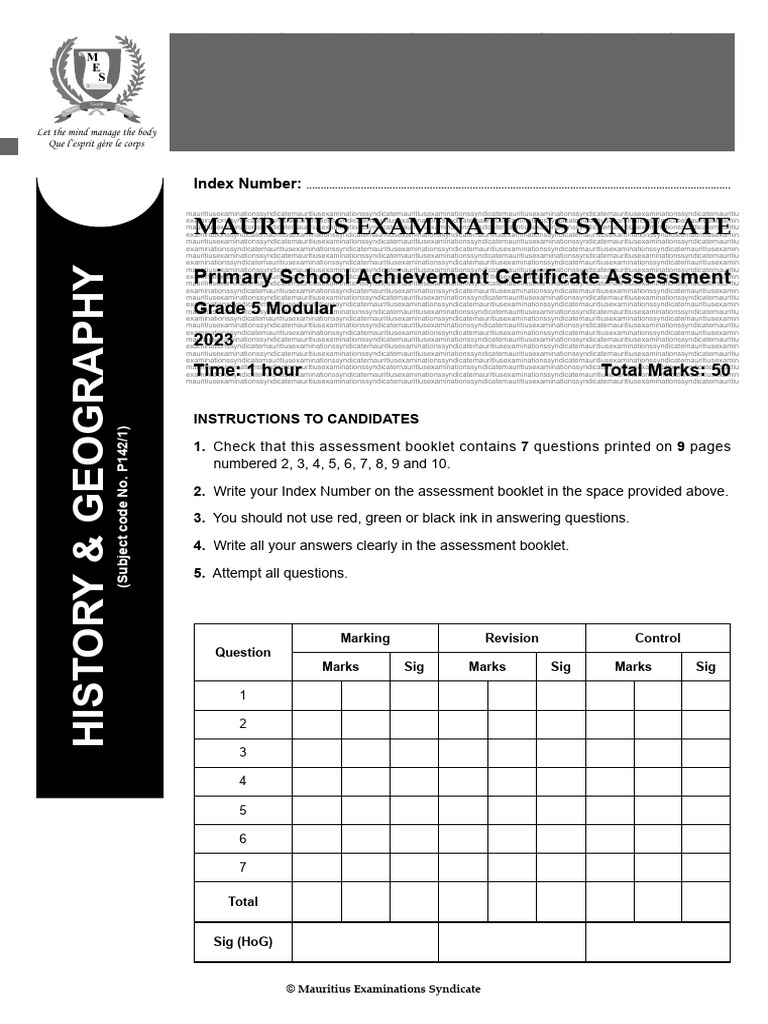 PSAC Modular Grade 5 2023 History Geography Mtius PDF