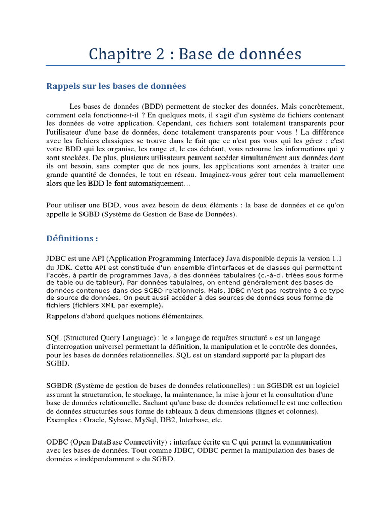 Chapitre 2 JDBC | PDF | Bases de données | Base de données relationnelle