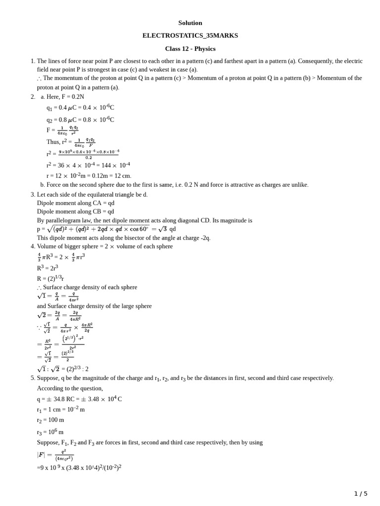 Electrostatics 05mar2024 CBSE Sol | PDF | Flux | Electric Field