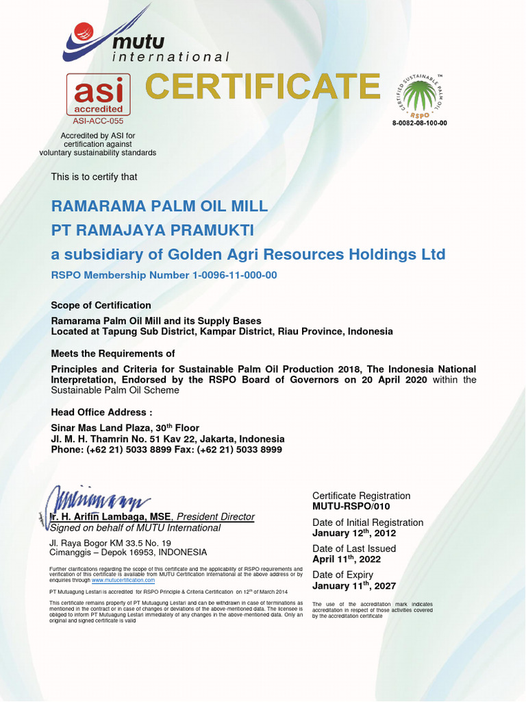 Rspo Certificate Of Rama Rama Pom Rc 2 Download Free Pdf Palm Oil