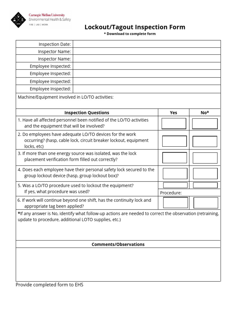 Lockout Tagout Inspection Form | PDF