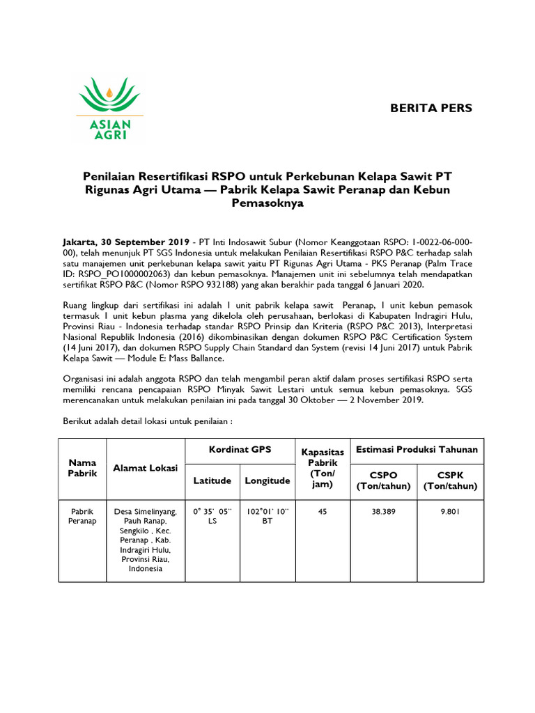 Press Release Penilaian Resertifikasi RSPO Id | PDF
