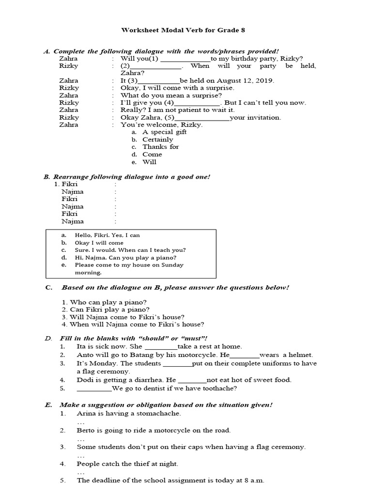 Modal Verbs Worksheet for Grade 8 | PDF