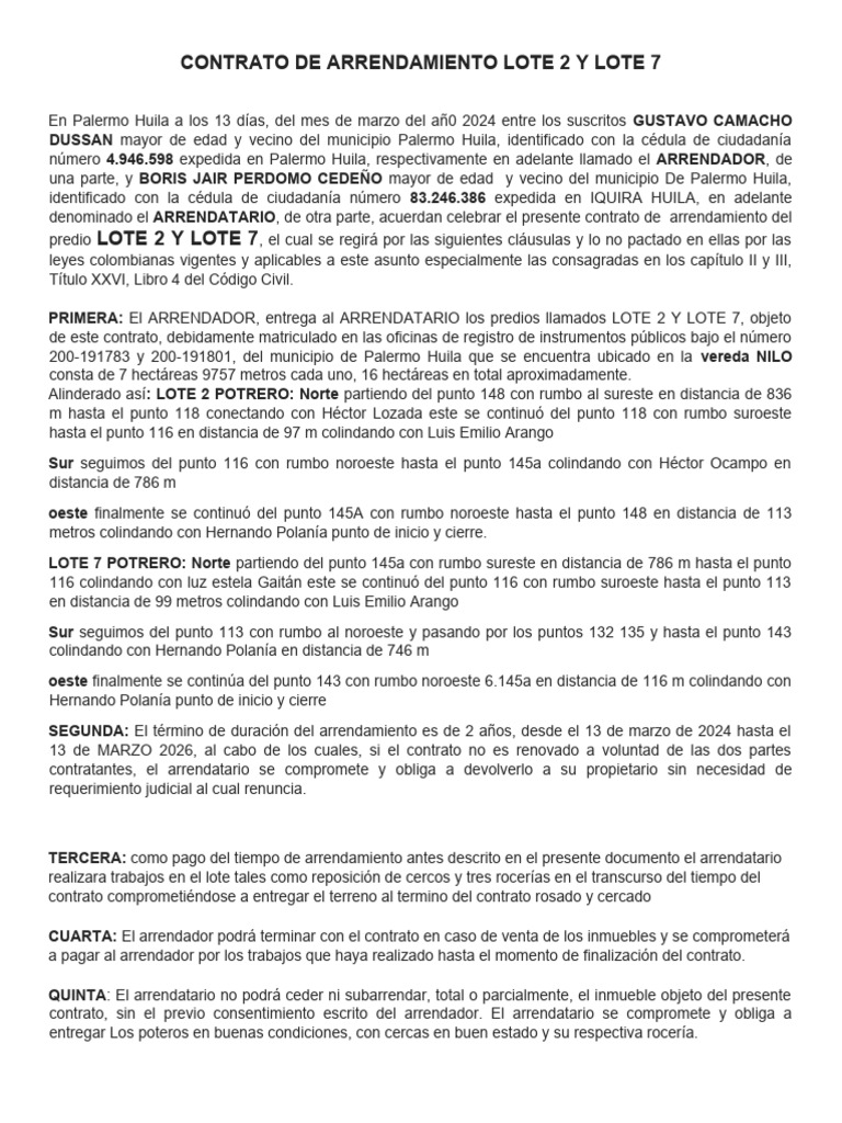 Contrato de arrendamiento lote 2 y lote 7 san antonio pdf