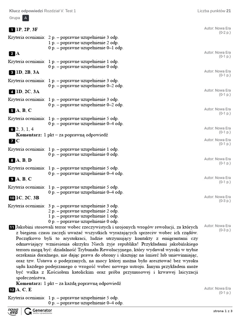 Rozdzia V. Test 1 Klucz Odpowiedzi | PDF