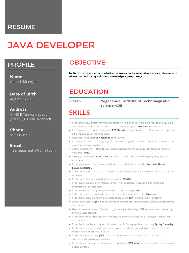 Java Fresher Resume | PDF | Java (Programming Language) | Computing