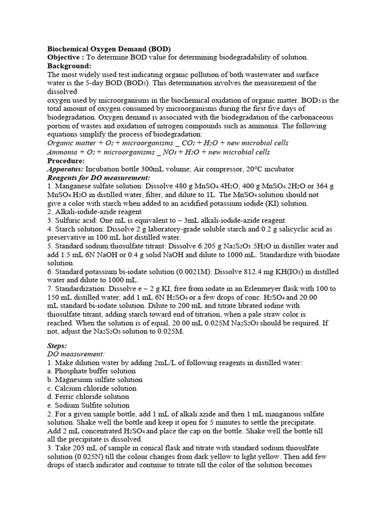 BOD Testing Procedure and Analysis Guide | PDF | Titration | Chemistry
