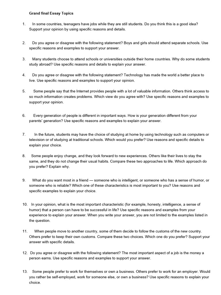 Essay Topics for Students & Teens | PDF | Reason | Experience