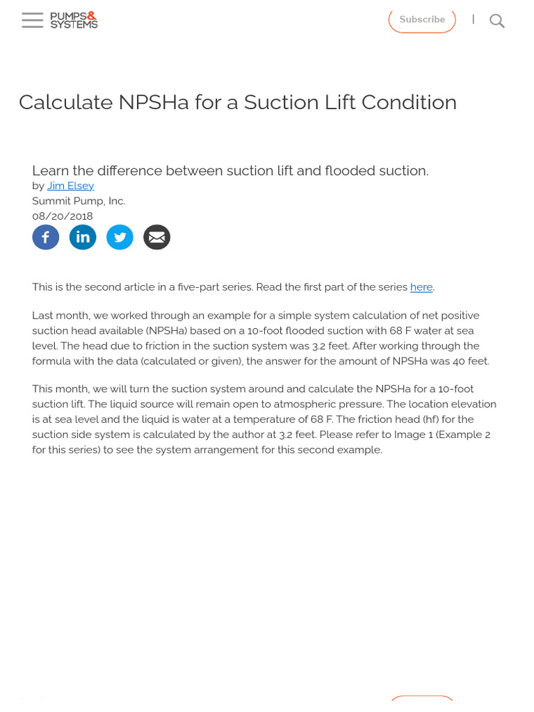 Calculate NPSHa for a Suction Lift Condition _ Pumps & Systems PDF Pressure Pump
