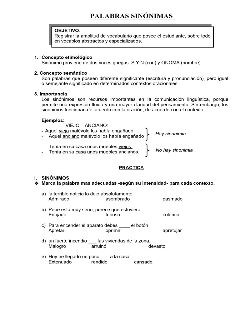 Palabras Sin nimas PDF Lexicolog a Morfolog a Ling stica