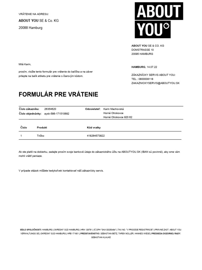 Formulár Na Vrátenie Aysk-586-171510682 | PDF