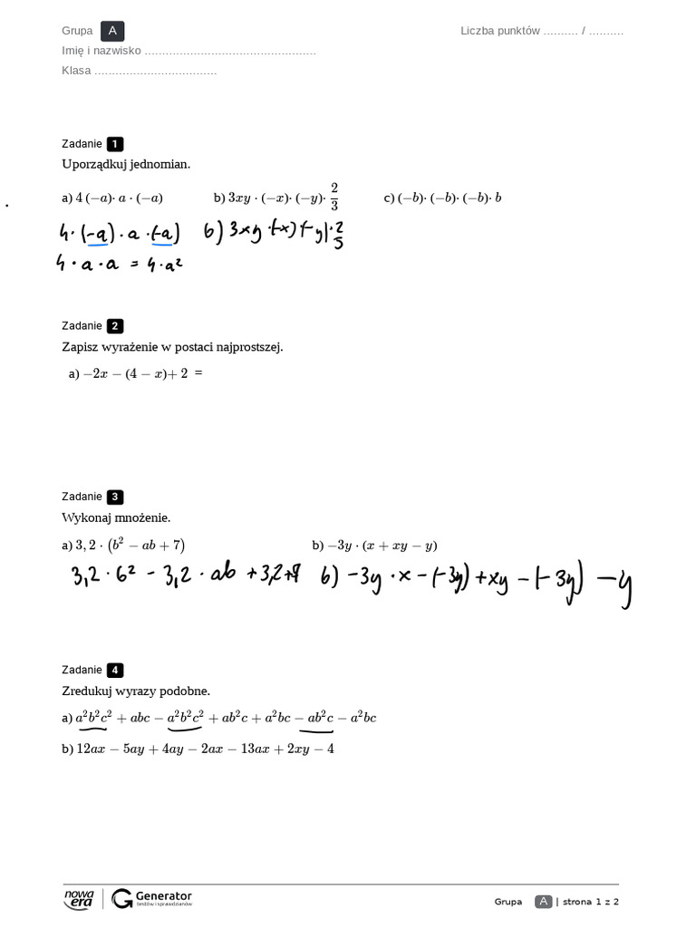 Sprawdzian Wyrażenia Algebraiczne Klasa 7