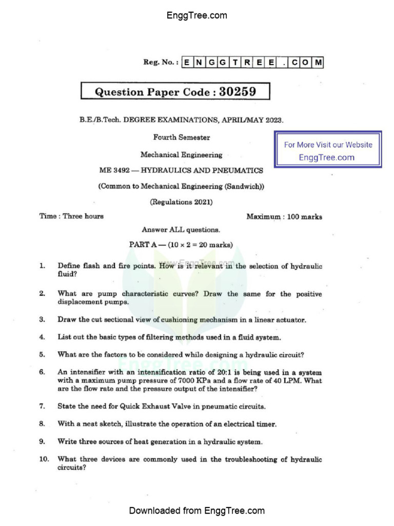 ME3492 Hydraulics and Pneumatics Apr May 2023 Question Paper Download PDF