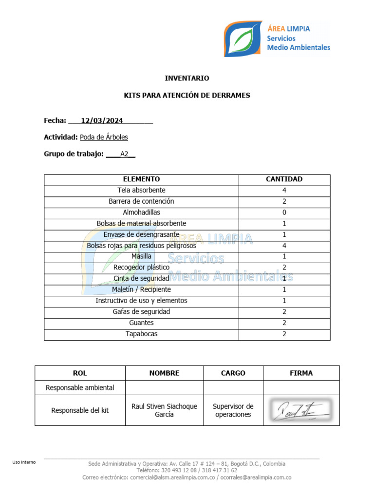 Inventario de Kits para Derrames en Bogotá | PDF | Residuos | Contaminación