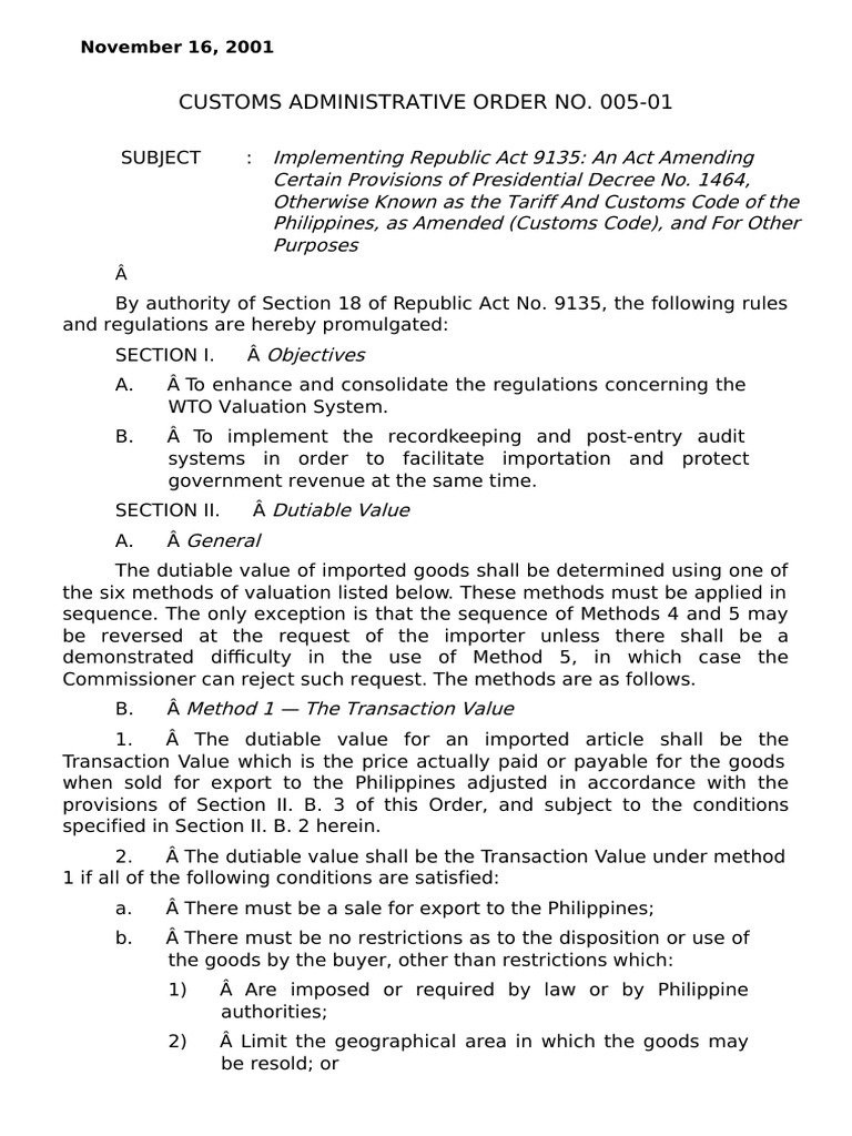 Customs administrative order no 005 01 november 16 2001 pdf bill