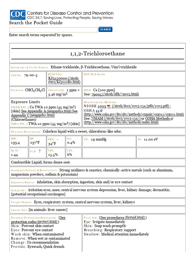 NIOSH Pocket Guide: 1,1,2-Trichloroethane | PDF | Occupational Safety ...
