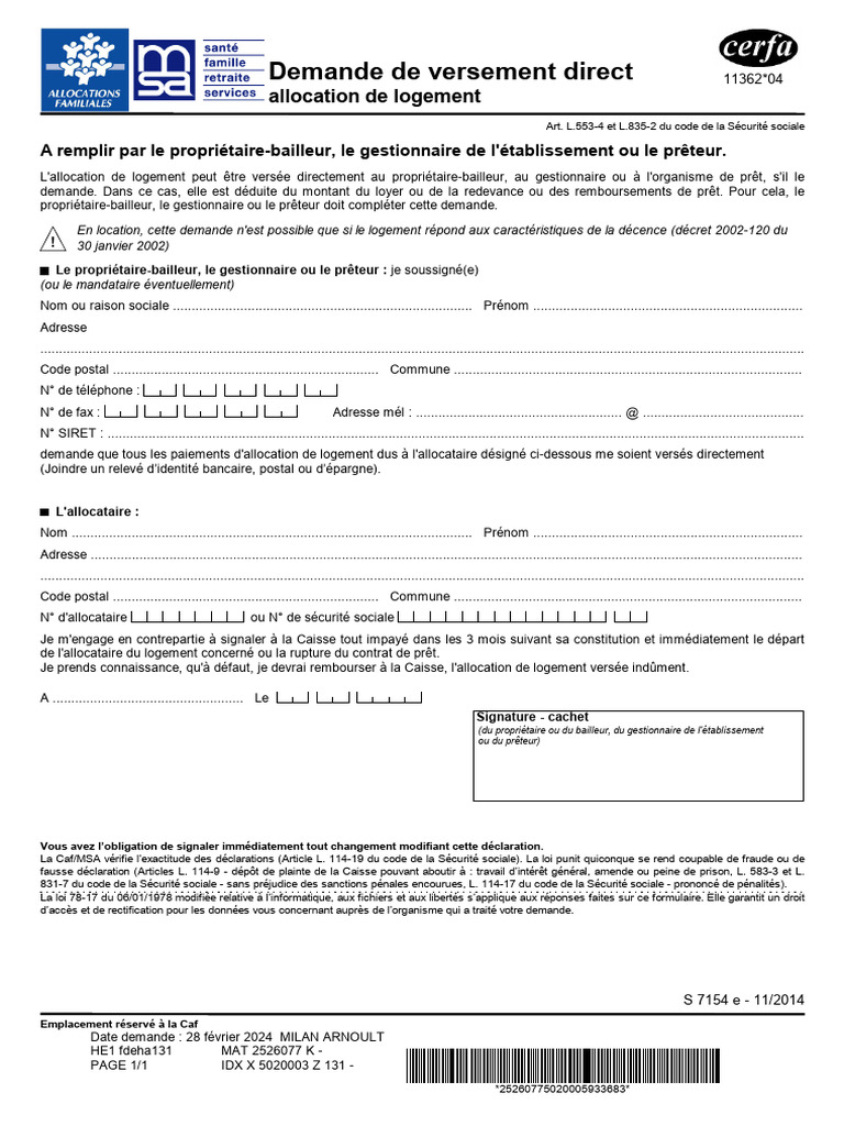 Demande de Versement Direct APL/Caf | PDF | Logement