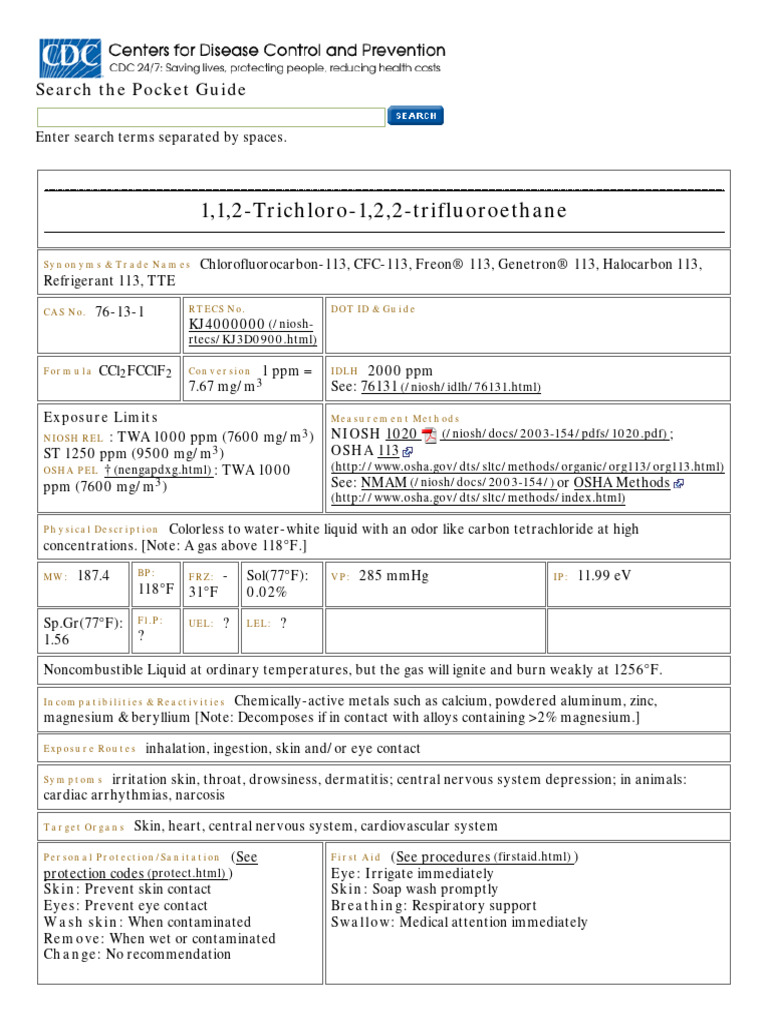 CDC NIOSH Pocket Guide To Chemical Hazards 1,1,2Trichlo PDF Occupational Safety And Health