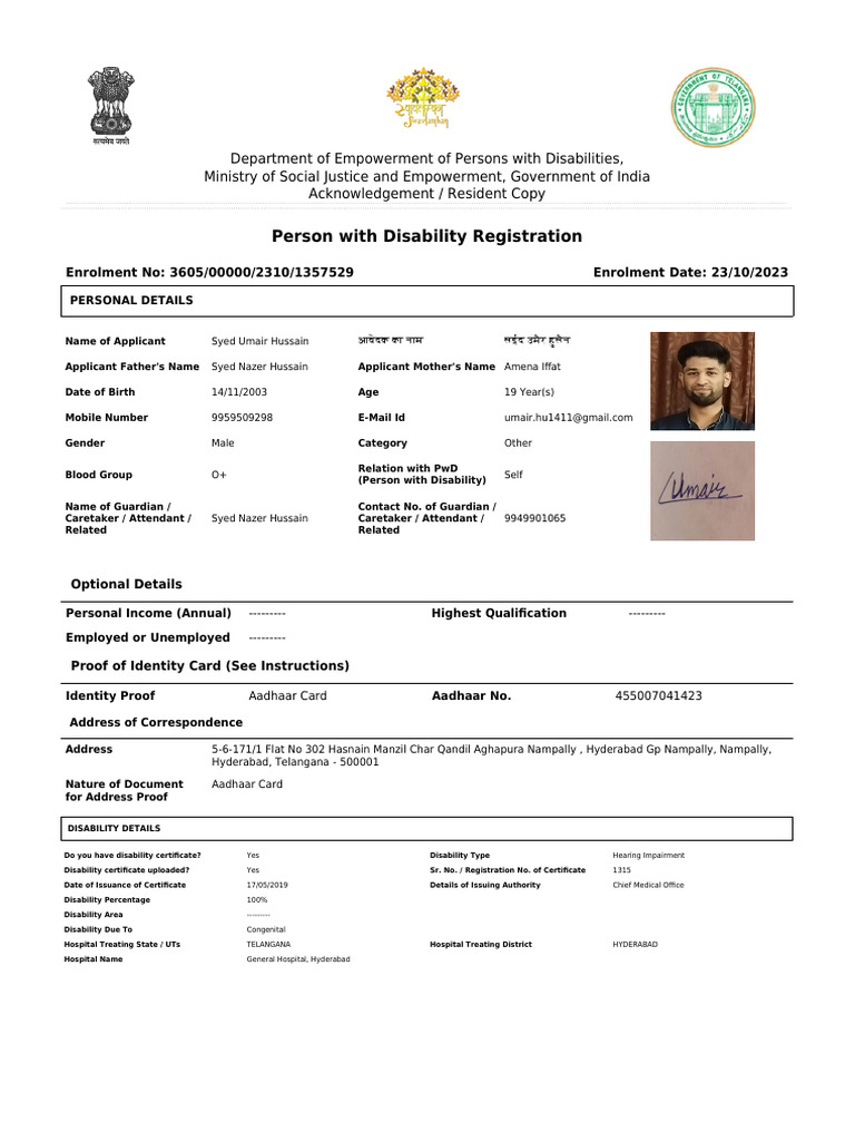 Disability Registration Receipt for Syed Umair | PDF | Disability